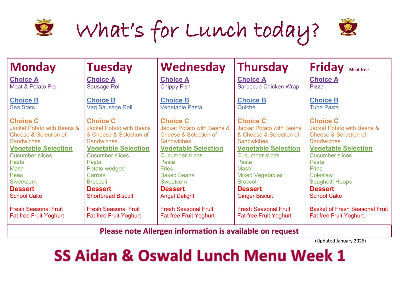 Primary School Menu Examples Ss Aidan and Oswald RC Primary School - School Meals