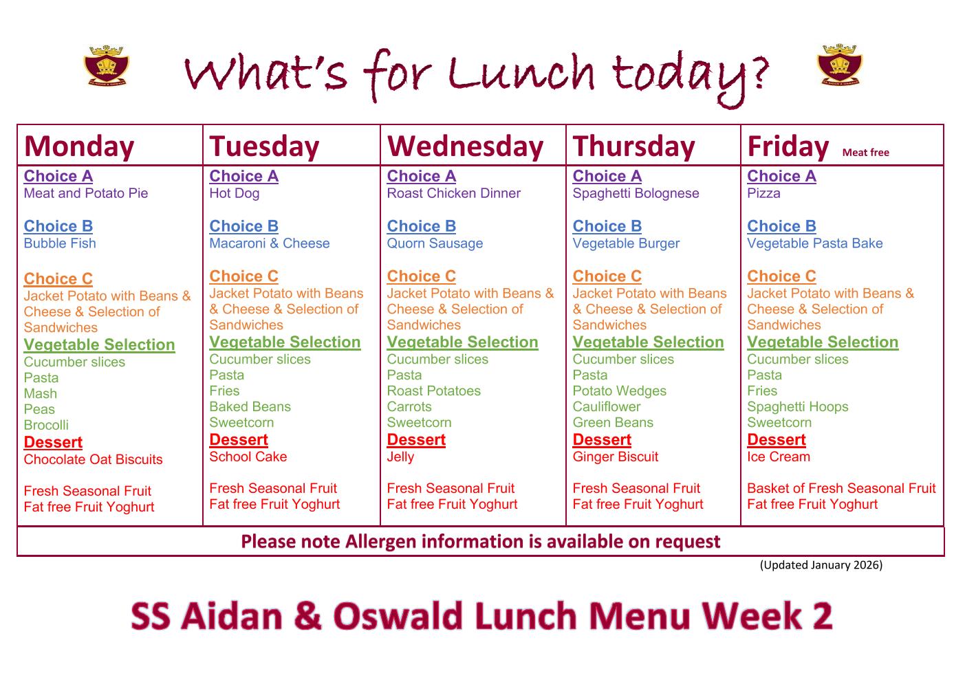 Gr R School Menu Ss Aidan and Oswald RC Primary School - School Meals